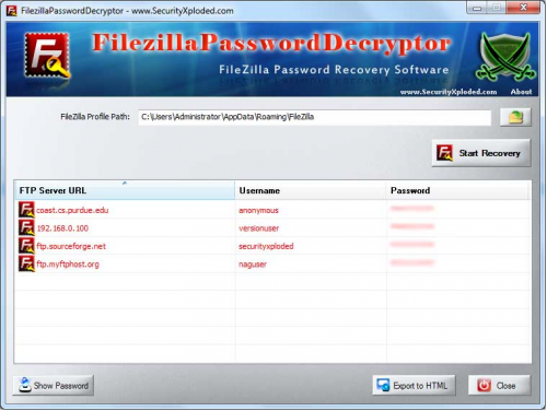 โปรแกรมดูรหัสผ่าน Filezilla Password Decryptor
