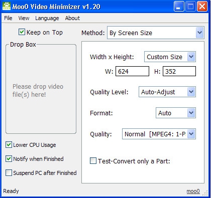 โปรแกรมลดขนาดไฟล์วิดีโอ ปรับความละเอียดวิดีโอ Moo0 Video Minimizer
