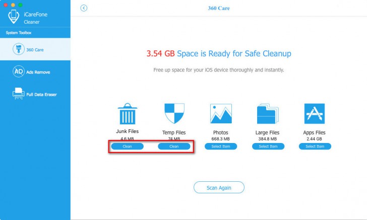 โปรแกรมจัดการ iPhone ฟรี iCareFone Cleaner
