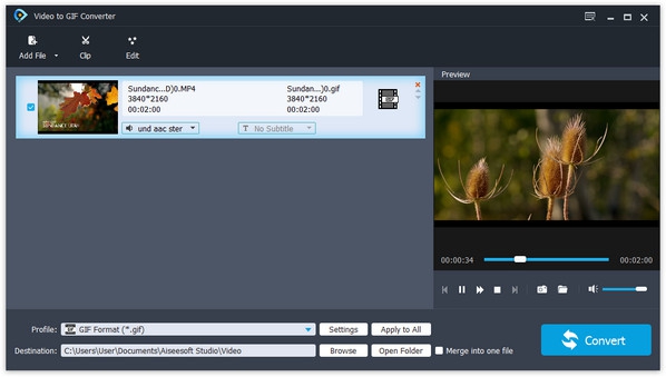 โปรแกรมเปลี่ยนวิดีโอเป็น GIF ฟรี Aiseesoft Free Video to GIF