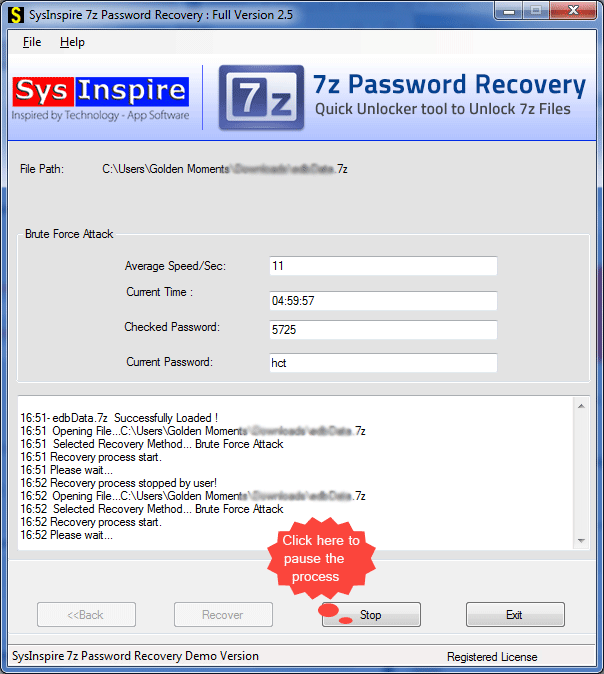 โปรแกรมกู้รหัสผ่าน SysInspire 7z Password Recovery
