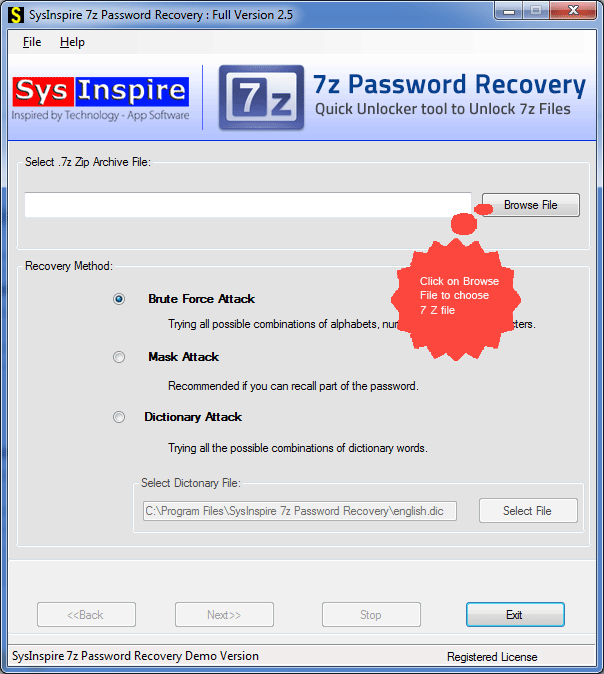 โปรแกรมกู้รหัสผ่าน SysInspire 7z Password Recovery