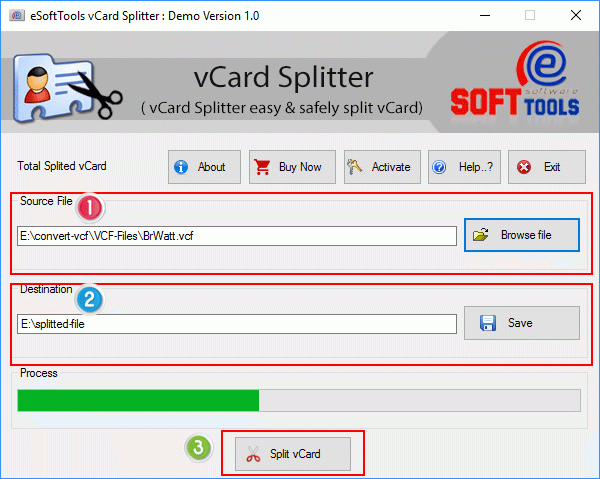 โปรแกรมแยกไฟล์นามบัตร eSoftTools vCard Splitter