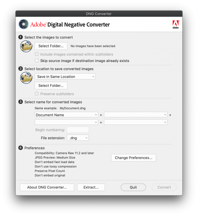 โปรแกรมแปลงไฟล์ภาพดิบ Adobe DNG Converter