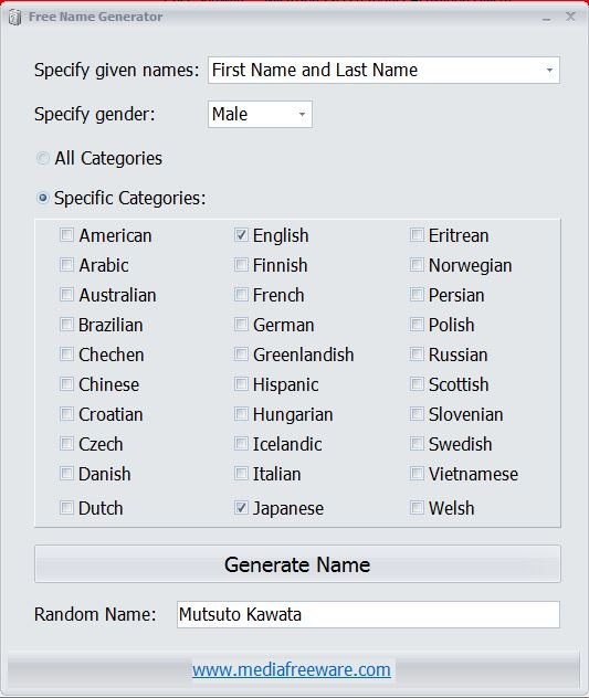โปรแกรมสุ่มชื่อและนามสกุล ชาวต่างชาติ Free Name Generator